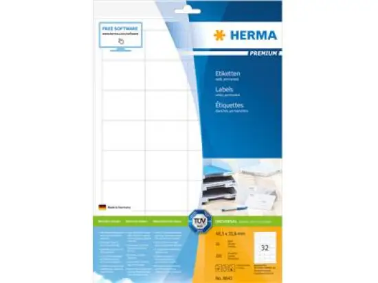 Etiketten Herma 8643 Premium 48,3 x 33,8 mm selbstklebend, weiß, Inkjet Laser Kopierer, Pack 320 Stk/10 Blatt