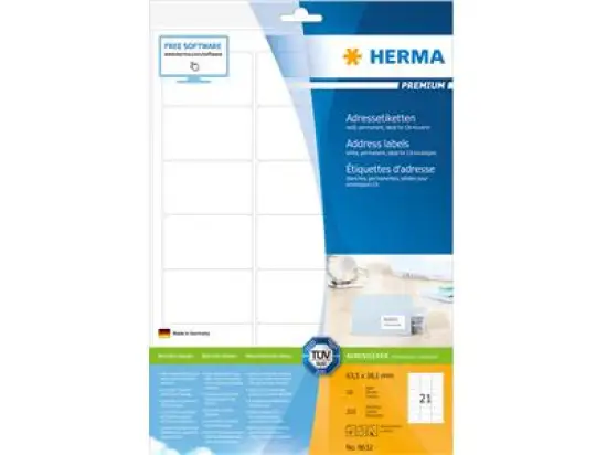 Adressetiketten Herma 8632 Premium 63,5 x 38,1 mm selbstklebend, weiß, Inkjet Laser Kopierer, Pack 210 Stk/10 Blatt