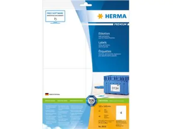 Etiketten Herma 8630 Premium 105 x 148 mm selbstklebend, weiß, Inkjet Laser Kopierer, Pack 40 Stk/10 Blatt
