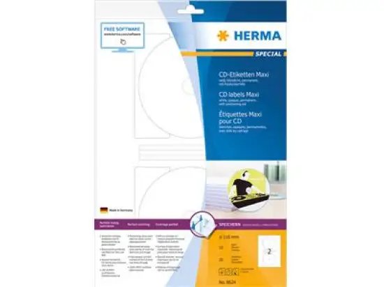 CD-Etiketten Herma 8624 Special Ø 116 mm rund, Maxi, selbstklebend, blickdicht, weiß, Inkjet Laser Kopierer, Pack 20 Stk/10 Blatt