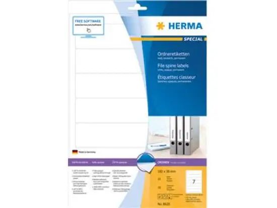 Ordner-Rückenschild Etiketten Herma 8620 Special kurz/schmal, matt, selbstklebend, blanko, weiß, Inkjet Laser Kopierer, Pack 70 Stk/10 Blatt
