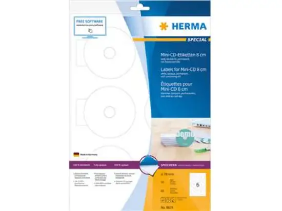 Mini-CD-Etiketten Herma 8619 Special Ø 78 mm rund, selbstklebend, opak (blickdicht), weiß, Inkjet Laser Kopierer, Pack 60 Stk/10 Blatt