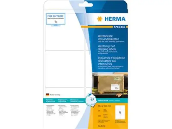 Versand-Etiketten Herma 8332 Special 99,1 x 93,1 mm Folie, selbstklebend, wetterfest, weiß, Laser, Pack 150 Stk/25 Blatt