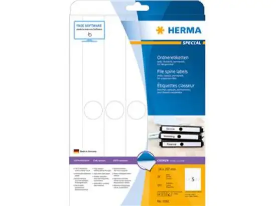 Ordner-Rückenschild Etiketten Herma 5165 Special Hängeordner/schmal, matt, selbstklebend, blanko, weiß, Inkjet Laser Kopierer, Pack 125 Stk/25 Blatt