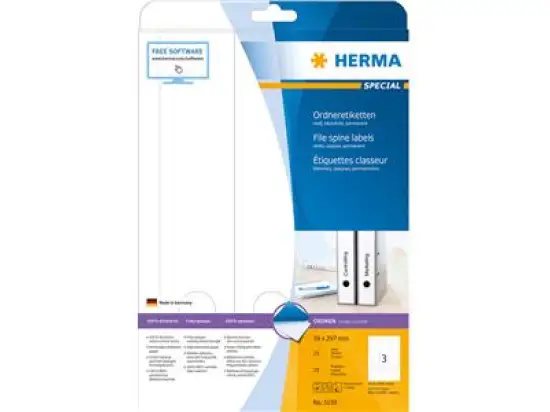 Ordner-Rückenschild Etiketten Herma 5159 Special lang/breit, matt, selbstklebend, blanko, weiß, Inkjet Laser Kopierer, Pack 75 Stk/25 Blatt