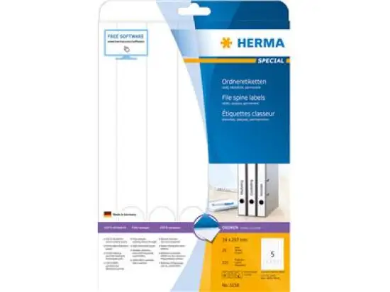 Ordner-Rückenschild Etiketten Herma 5158 Special lang/schmal, matt, selbstklebend, blanko, weiß, Inkjet Laser Kopierer, Pack 125 Stk/25 Blatt
