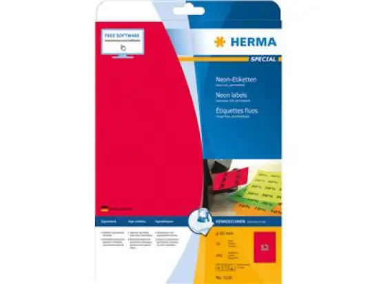 Etiketten Herma 5156 Special Ø 60 mm rund selbstklebend, neon-rot, Inkjet Laser Kopierer, Pack 240 Stk/20 Blatt