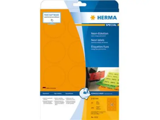 Etiketten Herma 5153 Special Ø 60 mm rund selbstklebend, neon-orange, Inkjet Laser Kopierer, Pack 240 Stk/20 Blatt