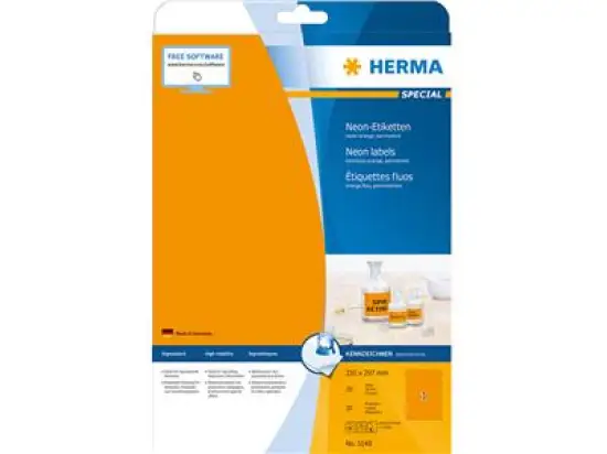 Etiketten Herma 5149 Special 210 x 297 mm selbstklebend, neon-orange, Inkjet Laser Kopierer, Pack 20 Stk/20 Blatt