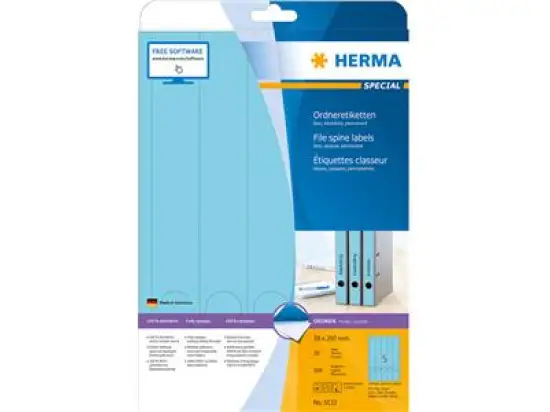 Ordner-Rückenschild Etiketten Herma 5133 Special lang/schmal, matt, selbstklebend, blanko, blau, Inkjet Laser Kopierer, Pack 100 Stk/20 Blatt