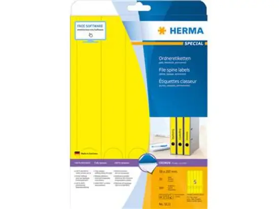 Ordner-Rückenschild Etiketten Herma 5131 Special lang/schmal, matt, selbstklebend, blanko, gelb, Inkjet Laser Kopierer, Pack 100 Stk/20 Blatt