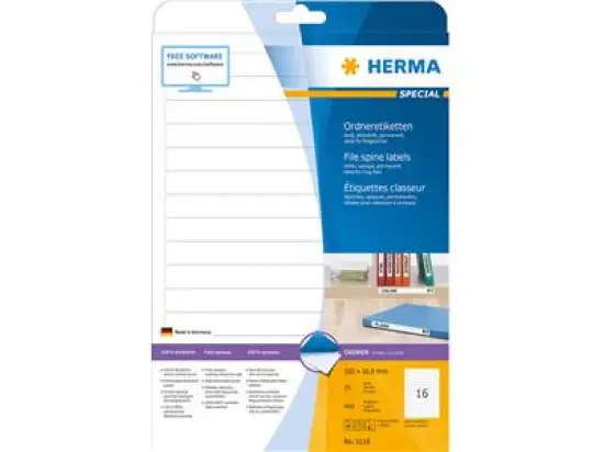 Ordner-Rückenschild Etiketten Herma 5118 Special Ringbuch/schmal, matt, selbstklebend, blanko, weiß, Inkjet Laser Kopierer, Pack 400 Stk/25 Blatt