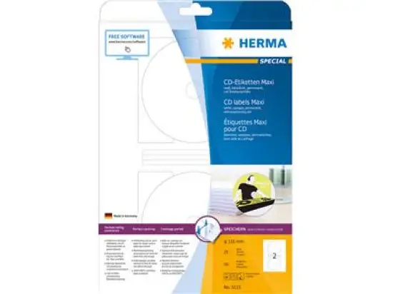 CD-Etiketten Herma 5115 Special Ø 116 mm rund, Maxi, selbstklebend, blickdicht, weiß, Inkjet Laser Kopierer, Pack 50 Stk/25 Blatt