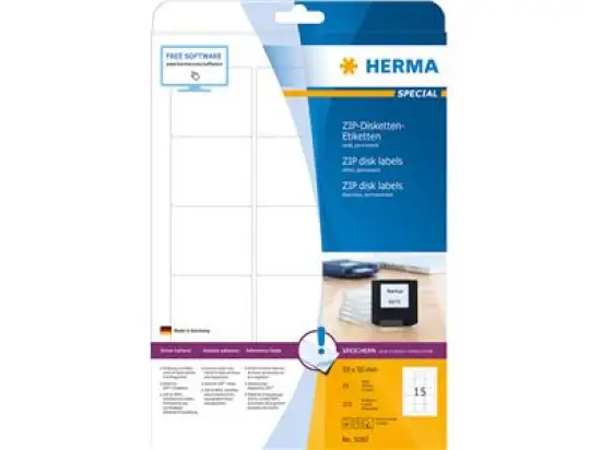 ZIP-Disketten-Etiketten Herma 5087 Special 59 x 50 mm selbstklebend, weiß, Inkjet Laser Kopierer, Pack 375 Stk/25 Blatt