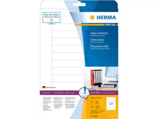 Video-Etiketten Herma 5069 Special 147,3 x 20 mm selbstklebend, weiß, Inkjet Laser Kopierer, Pack 325 Stk/25 Blatt