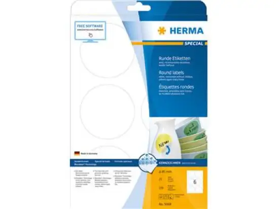 Etiketten Herma 5068 Special Ø 85 mm rund, selbstklebend, wiederablösbar, weiß, Inkjet Laser Kopierer, Pack 150 Stk/25 Blatt