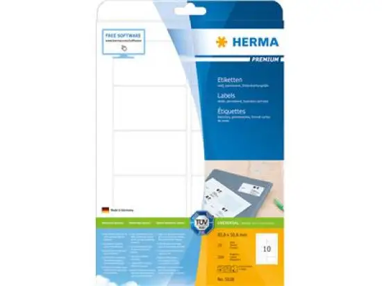 Etiketten Herma 5028 Premium 83,8 x 50,8 mm selbstklebend, weiß, Inkjet Laser Kopierer, Pack 250 Stk/25 Blatt