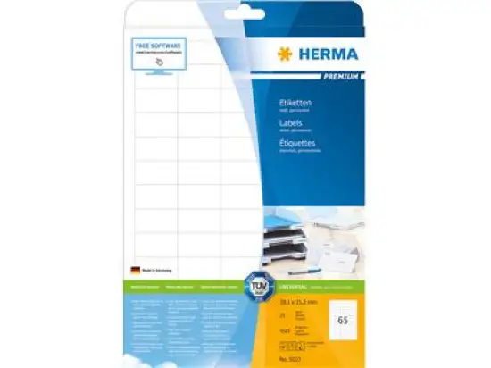 Etiketten Herma 5027 Premium 38,1 x 21,2 mm selbstklebend, weiß, Inkjet Laser Kopierer, Pack 1625 Stk/25 Blatt