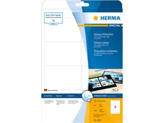 Etiketten Herma 4907 Special 96 x 63,5 mm selbstklebend, glänzend, weiß, Laser Kopierer, Pack 200 Stk/25 Blatt