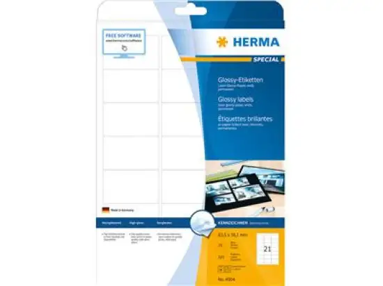 Etiketten Herma 4904 Special 63,5 x 38,1 mm selbstklebend, glänzend, weiß, Laser Kopierer, Pack 525 Stk/25 Blatt