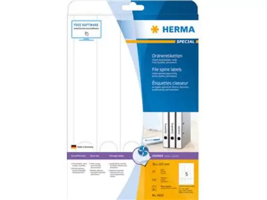 Ordner-Rückenschild Etiketten Herma 4830 Special 297 x 38 mm (lang/schmal) selbstklebend, blanko, weiß, Inkjet, Pack 125 Stk/25 Blatt