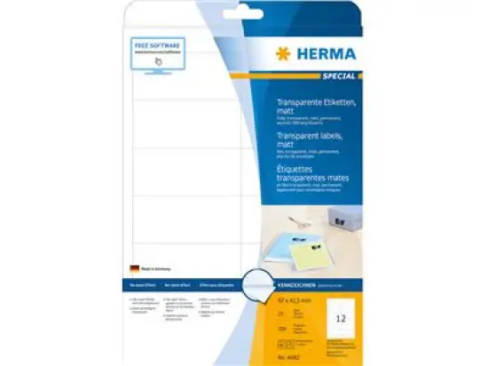 Etiketten Herma 4682 Special 97 x 42,3 mm Folie, transparent, matt, selbstklebend, Laser, Pack 300 Stk/25 Blatt
