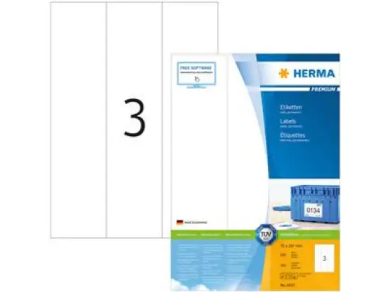Etiketten Herma 4657 Premium 70 x 297 mm selbstklebend, weiß, Inkjet Laser Kopierer, Pack 300 Stk/100 Blatt