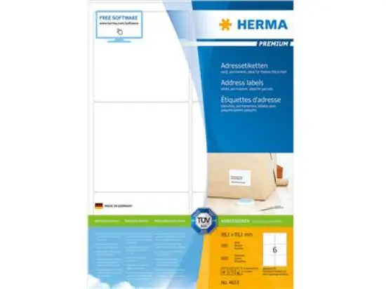 Adressetiketten Herma 4653 Premium 99,1 x 93,1 mm selbstklebend, weiß, Inkjet Laser Kopierer, Pack 600 Stk/100 Blatt