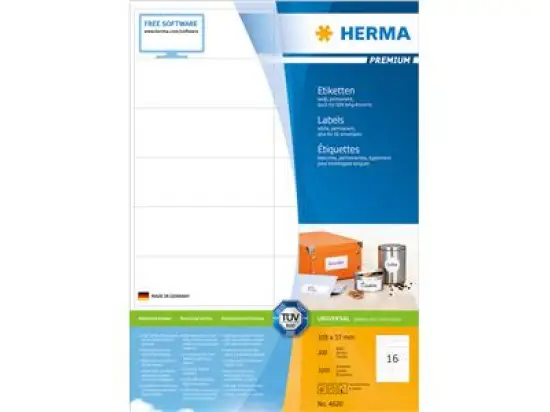 Etiketten Herma 4620 Premium 105 x 37 mm weiß, selbstklebend, Inkjet Laser Kopierer, Pack 3200 Stk/200 Blatt