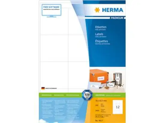 Etiketten Herma 4617 Premium 70 x 67,7 mm selbstklebend, weiß, Inkjet Laser Kopierer, Pack 2400 Stk/200 Blatt