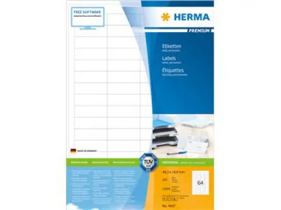 Etiketten Herma 4607 Premium 48,3 x 16,9 mm weiß, selbstklebend, Inkjet Laser Kopierer, Pack 12800 Stk/200 Blatt