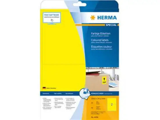Etiketten Herma 4496 Special 199,6 x 143,5 mm selbstklebend ablösbar, gelb, Inkjet Laser Kopierer, Pack 40 Stk/20 Blatt