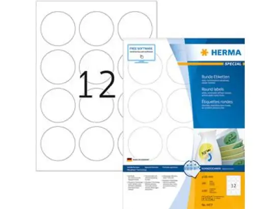Etiketten Herma 4477 Special Ø 60 mm rund, selbstklebend, wiederablösbar, weiß, Inkjet Laser Kopierer, Pack 1200 Stk/100 Blatt