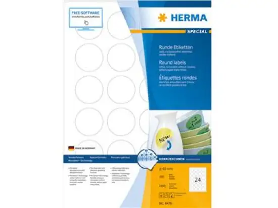Etiketten Herma 4476 Special Ø 40 mm rund, selbstklebend, wiederablösbar, weiß, Inkjet Laser Kopierer, Pack 2400 Stk/100 Blatt