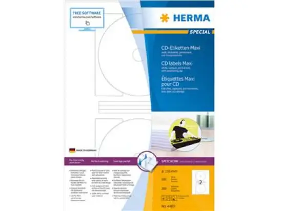 CD-Etiketten Herma 4460 Special Ø 116 mm rund, Maxi, selbstklebend, blickdicht, weiß, Inkjet Laser Kopierer, Pack 200 Stk/100 Blatt