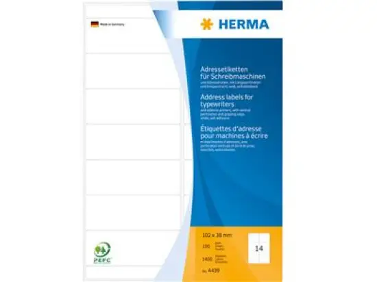 Adressetiketten Herma 4439 102 x 38 mm selbstklebend, weiß, Schreibmaschine Handbeschriftung, Pack 1400 Stk/100 Blatt