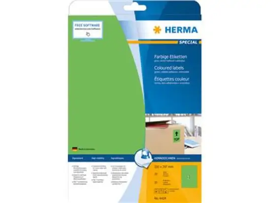 Etiketten Herma 4424 Special 210 x 297 mm A4 selbstklebend ablösbar, grün, Inkjet Laser Kopierer, Pack 20 Stk/20 Blatt