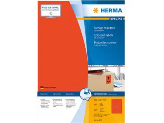 Etiketten Herma 4402 Special 210 x 297 mm selbstklebend, rot, Inkjet Laser Kopierer, Pack 100 Stk/100 Blatt