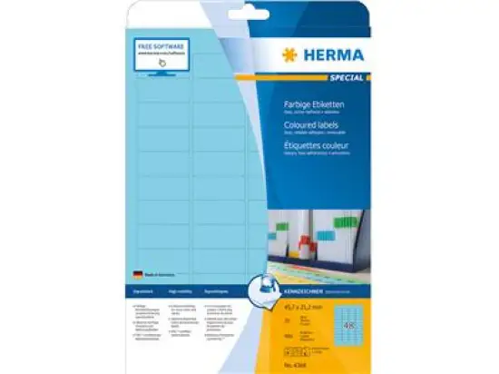 Etiketten Herma 4368 Special 45,7 x 21,2 mm selbstklebend ablösbar, blau, Inkjet Laser Kopierer, Pack 960 Stk/20 Blatt