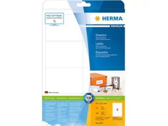 Etiketten Herma 4359 Premium 96,5 x 67,7 mm selbstklebend, weiß, Inkjet Laser Kopierer, Pack 200 Stk/25 Blatt