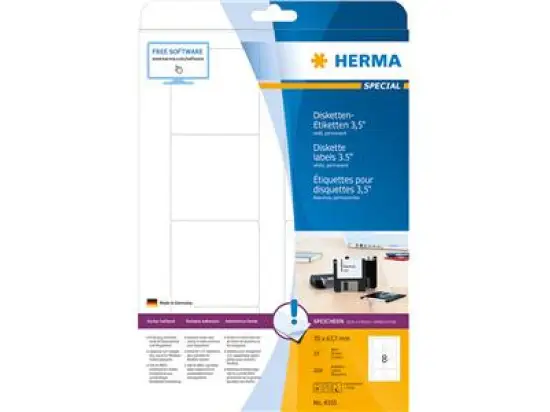 Disketten-Etiketten Herma 4355 Special 70 x 67,7 mm selbstklebend, weiß, Inkjet Laser Kopierer, Pack 200 Stk/25 Blatt