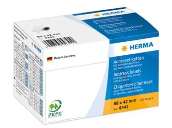 Adressetiketten Herma 4341 89 x 42 mm auf Rolle, selbstklebend, weiß, Schreibmaschine Handbeschriftung, Rolle 250 Stk