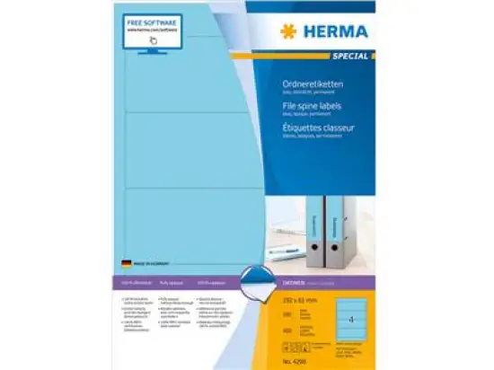 Ordner-Rückenschild Etiketten Herma 4298 Special kurz/breit, matt, selbstklebend, blanko, blau, Inkjet Laser Kopierer, Pack 400 Stk/100 Blatt