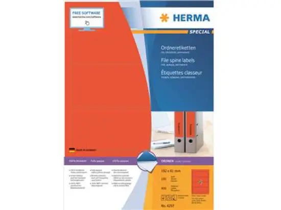 Ordner-Rückenschild Etiketten Herma 4297 Special kurz/breit, matt, selbstklebend, blanko, rot, Inkjet Laser Kopierer, Pack 400 Stk/100 Blatt