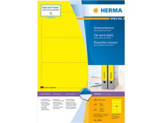 Ordner-Rückenschild Etiketten Herma 4296 Special kurz/breit, matt, selbstklebend, blanko, gelb, Inkjet Laser Kopierer, Pack 400 Stk/100 Blatt
