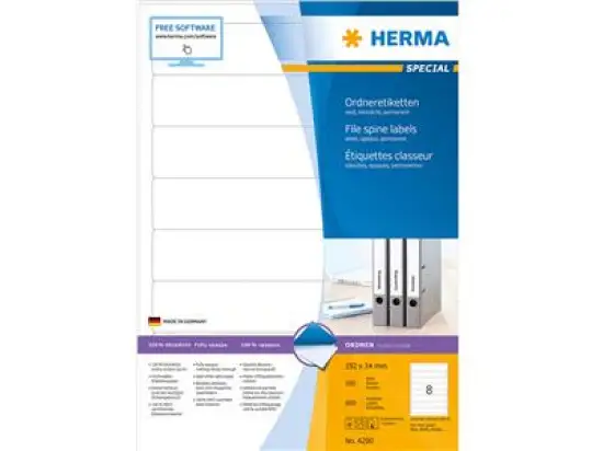Ordner-Rückenschild Etiketten Herma 4290 Special kurz/schmal, matt, selbstklebend, blanko, weiß, Inkjet Laser Kopierer, Pack 800 Stk/100 Blatt