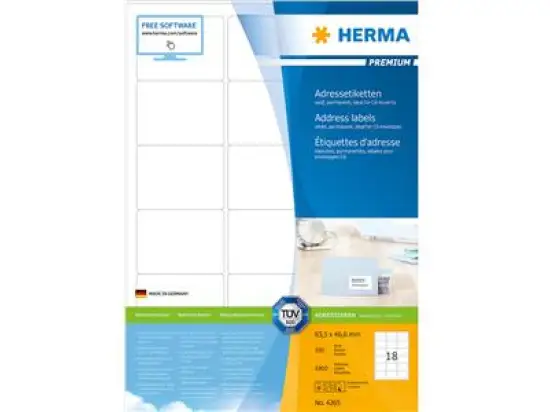 Adressetiketten Herma 4265 Premium 63,5 x 46,6 mm weiß, selbstklebend, Inkjet Laser Kopierer, Pack 1800 Stk/100 Blatt