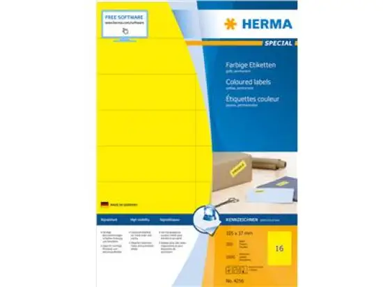 Etiketten Herma 4256 Special 105 x 37 mm selbstklebend, gelb, Inkjet Laser Kopierer, Pack 1600 Stk/100 Blatt