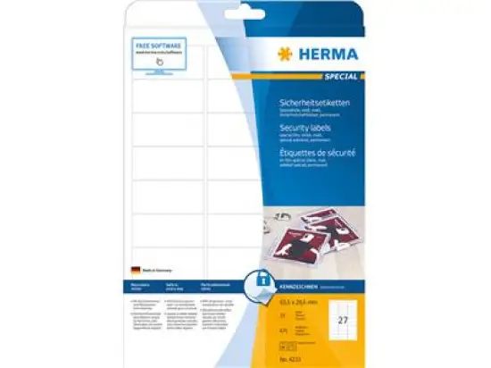Sicherheits-Etiketten Herma 4233 Special 63,5 x 29,6 mm weiß Folie, Laser, Pack 675 Stk