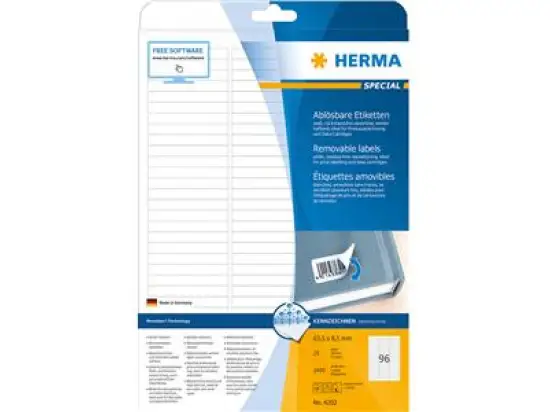 Etiketten Herma 4202 Special 63,5 x 8,5 mm selbstklebend, wiederablösbar, weiß, Inkjet Laser Kopierer, Pack 2400 Stk/25 Blatt